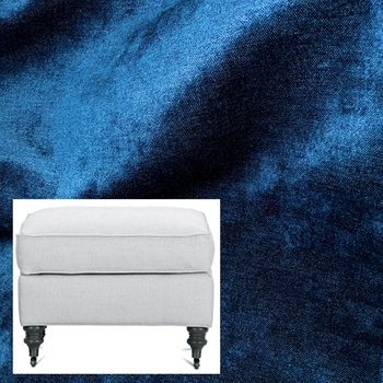 Robin Bruce - Brooke Ottoman Lapis 26W/22D/20H - Chenille Velvet - 50% Acrylic, 41% Poly, 9% Rayon. 51K DR  Antique Black Turned Legs, Antique Brass Castors