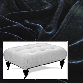 Robin Bruce Pallenburg Ottoman Black Velvet 41W/31D/18H. 100% Polyester 70K DR, Grade CC.  Antique Black Turned Legs, Pewter Castors & Nails