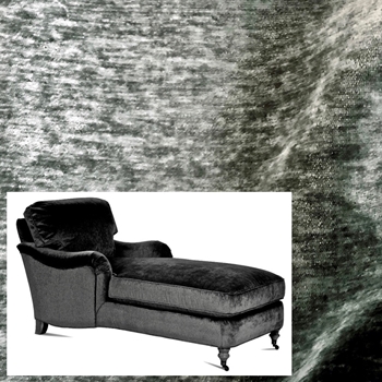 Robin Bruce - Brooke Chaise Sage 68W/33D/35H - 100% Polyester Chenille Velvet, 50K DR, Grade CC. Antique Black Turned Legs, Antique Brass Castors