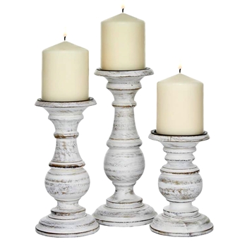 Candlestick - White Washed Balustra Wooden 6,7,10in Height. Sold in Set of 3