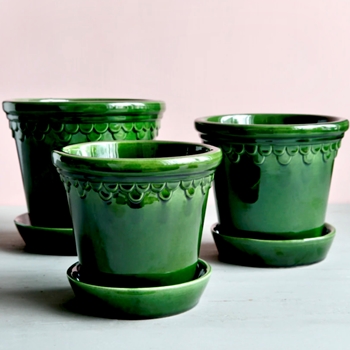 Castle Pot & Saucer Emerald Green Glazed Collection 7 Sizes - Denmark - Made In Italy