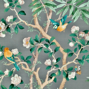 Print - Kimono Vine Pewter Jade, 54in, 25K DR, 100% Cotton, Stain Repellant, 36in Vert x 27in Hor Repeat.