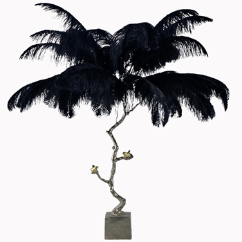 Lamp - Table Ostrich Plumes Black Twig and Bird Column Gold 51W/43H