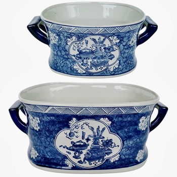 Planter - Delft Cachepot Set of 2  19W/12D/6H, 14W/9D/5H