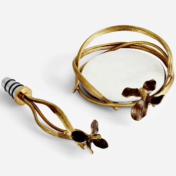 Aram Black Iris Coaster & Stopper Set Brass & Stainless Steel 6W/6H