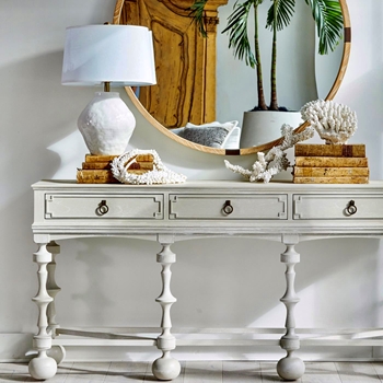 Console - Arrington Cerused White 76W/22D/37H   257LB . Solid Rubberwood, Mindy Veneers, Antique Brass