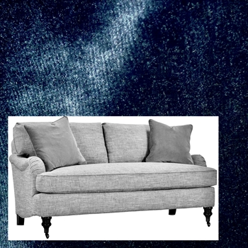 Robin Bruce - Brooke Sofa Indigo 78W/37D/35H Bench Seat. 100% Polyester Velvet GR CC, 100K DR, Antique Black turned Legs, Antique Brass Castors.