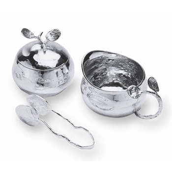 Silver Botanical Sugar & Cream with Tongs
