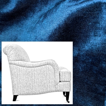 Robin Bruce Brampton  Armchair Lapis 33W/40D/34H - Chenille Velvet - 50% Acrylic, 41% Poly, 9% Rayon. 51K DR  Antique Black Turned Legs, Antique Brass Castors