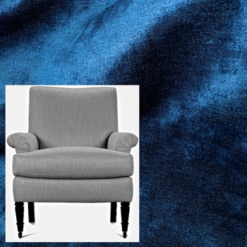 Robin Bruce Hannah Armchair Lapis Blue Chenille Velvet 31W/36D/36H. 50% Acrylic, 41% Poly, 9% Rayon 51K DR  Grade CC, Antique Black Turned Legs, Brass Castors