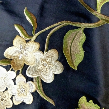 Silk Embroidered - Magnolia Black Olive Bronze - 100% Silk Shantung, 54in, Repeat 30V x 25H, Dry Clean Only, Do not expose to sunlight. Matching Solid 186404.