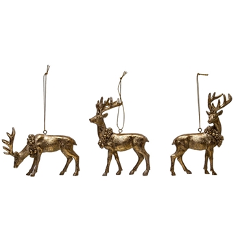 Ornament - Gold Reindeer With Wreath Gold 5in *