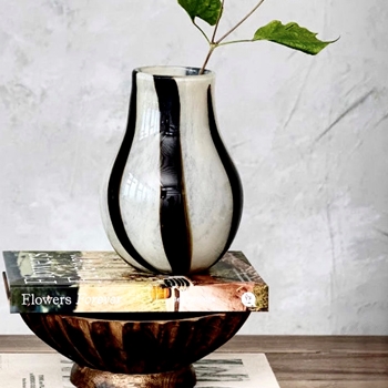 Vase - Striped Black & White Blown Glass Bulb 6x8in